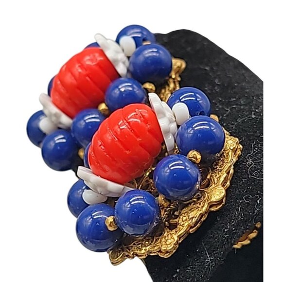 Miriam Haskell Patriotic Bead Cluster Clip On Earrings Rare Vintage Signed Pat # - Picture 8 of 12